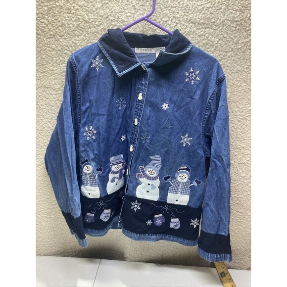 dressbarn Tops - Dressbarn Christmas Snowman Button Down Denim Shirt WMNS L Blue Embroidered
